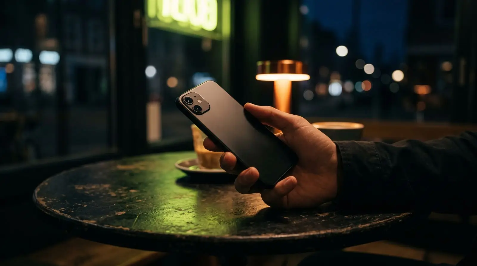 A hand holding a phone at a cafe table at night