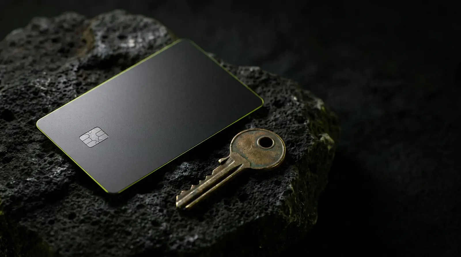 A black card and a brass key on volcanic stone