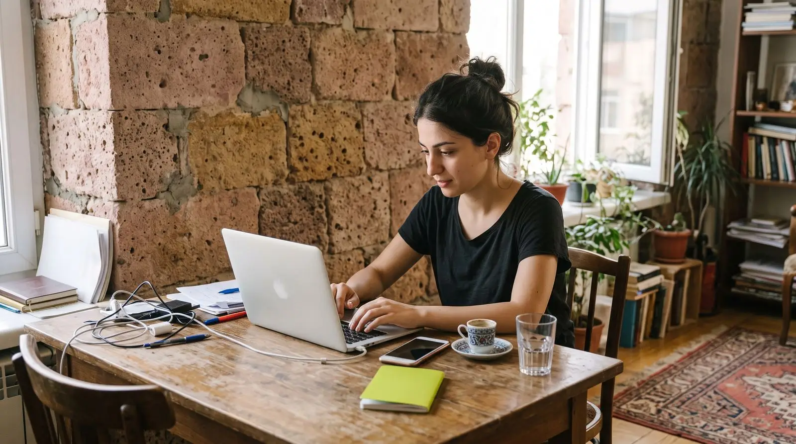 A freelancer at a laptop by a tuff stone wall in Yerevan