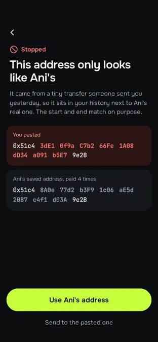 Warning screen: this address only looks like Ani's