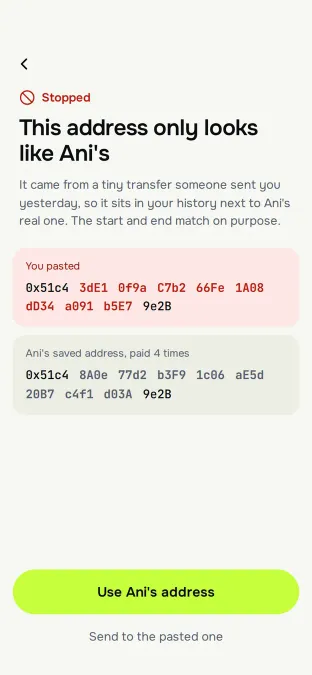 Warning screen: this address only looks like Ani's