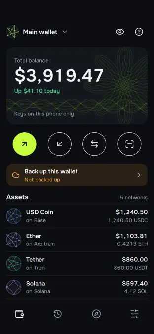Main wallet screen with the total balance and a list of assets