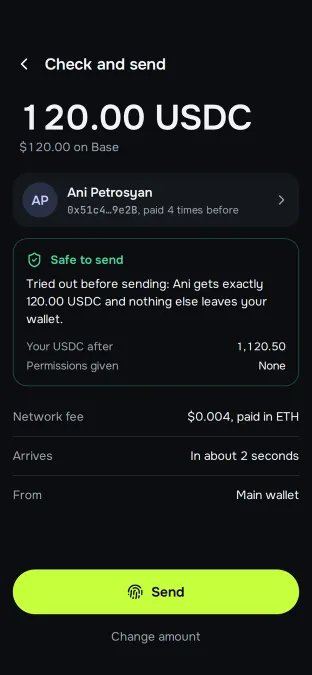 Check and send screen: 120.00 USDC to Ani Petrosyan, marked safe to send
