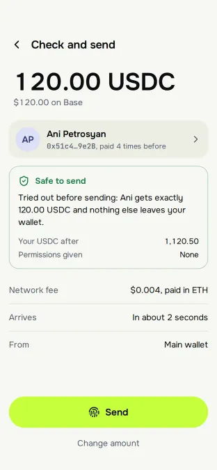 Check and send screen: 120.00 USDC to Ani Petrosyan, marked safe to send